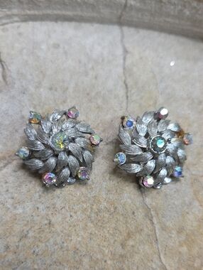 Vintage Coro AB Crystal Floral Clip-On Earrings Silver Tone Pierced Convertor